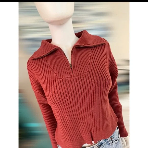 BAEVELY ribbed rust half zip crop sweater size LARGE - Picture 5 of 5